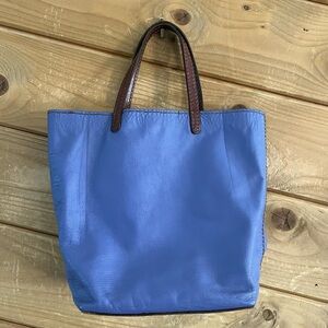 Henry Cuir Blue Brown Genuine Leather Reversible Mini Shopper Tote Bag Purse
